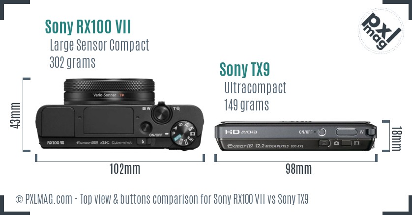 Sony RX100 VII vs Sony TX9 top view buttons comparison