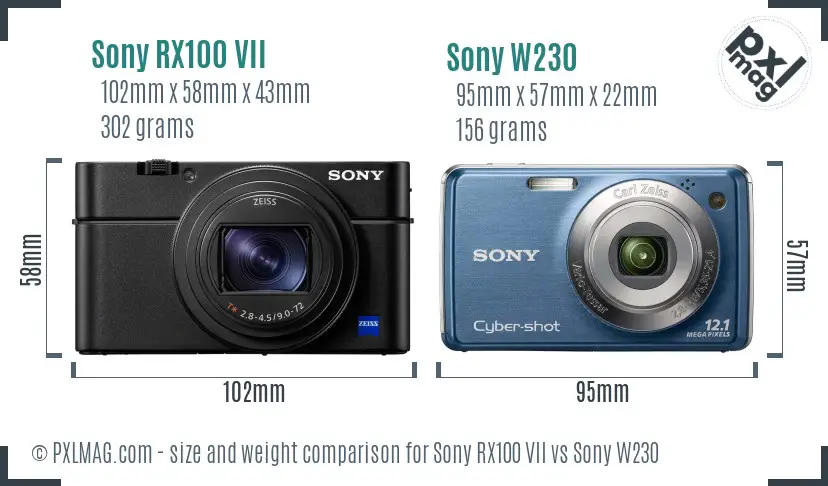 Sony RX100 VII vs Sony W230 size comparison