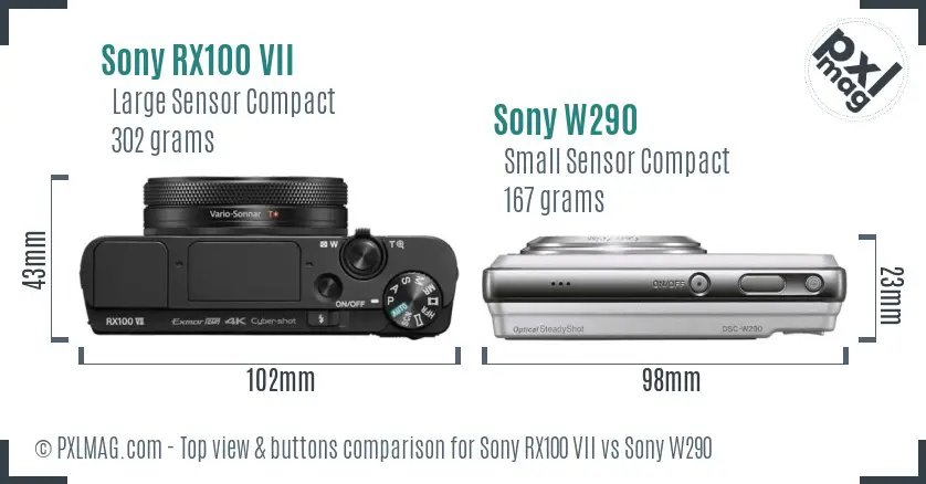 Sony RX100 VII vs Sony W290 top view buttons comparison