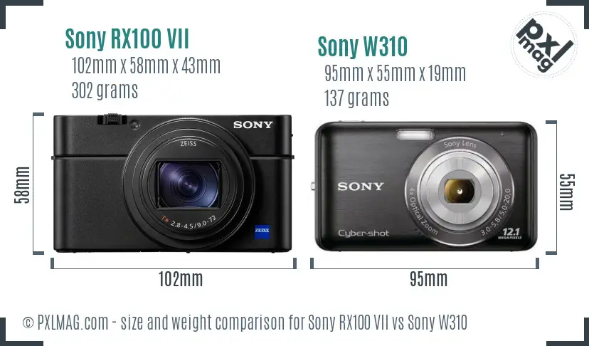 Sony RX100 VII vs Sony W310 size comparison