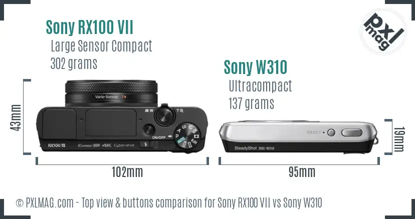 Sony RX100 VII vs Sony W310 top view buttons comparison