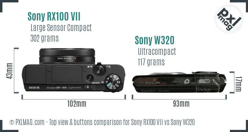 Sony RX100 VII vs Sony W320 top view buttons comparison