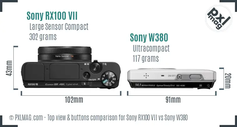 Sony RX100 VII vs Sony W380 top view buttons comparison