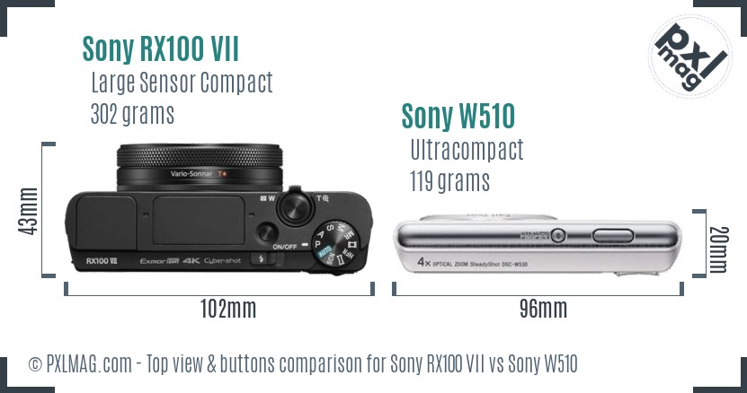 Sony RX100 VII vs Sony W510 top view buttons comparison