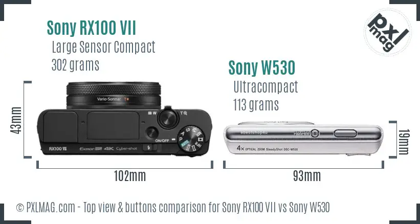 Sony RX100 VII vs Sony W530 top view buttons comparison