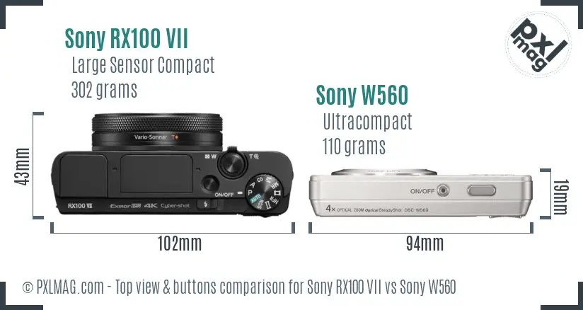 Sony RX100 VII vs Sony W560 top view buttons comparison