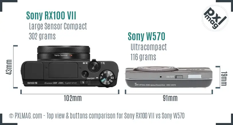 Sony RX100 VII vs Sony W570 top view buttons comparison