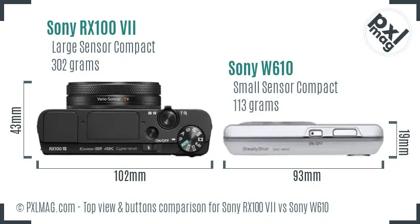 Sony RX100 VII vs Sony W610 top view buttons comparison
