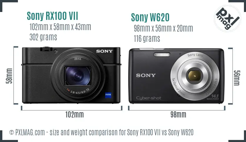 Sony RX100 VII vs Sony W620 size comparison