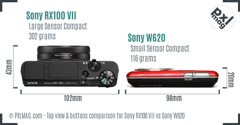 Sony RX100 VII vs Sony W620 top view buttons comparison