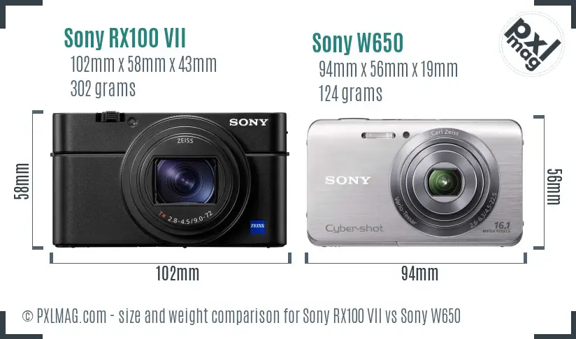 Sony RX100 VII vs Sony W650 size comparison