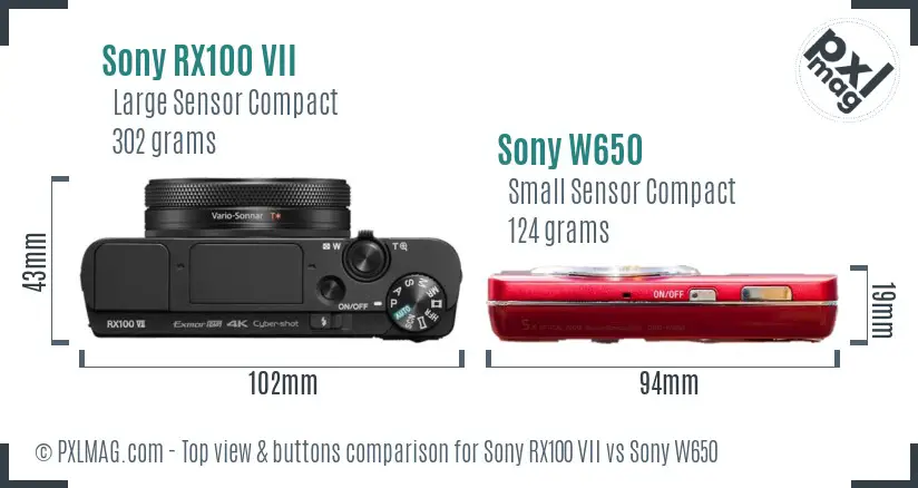 Sony RX100 VII vs Sony W650 top view buttons comparison