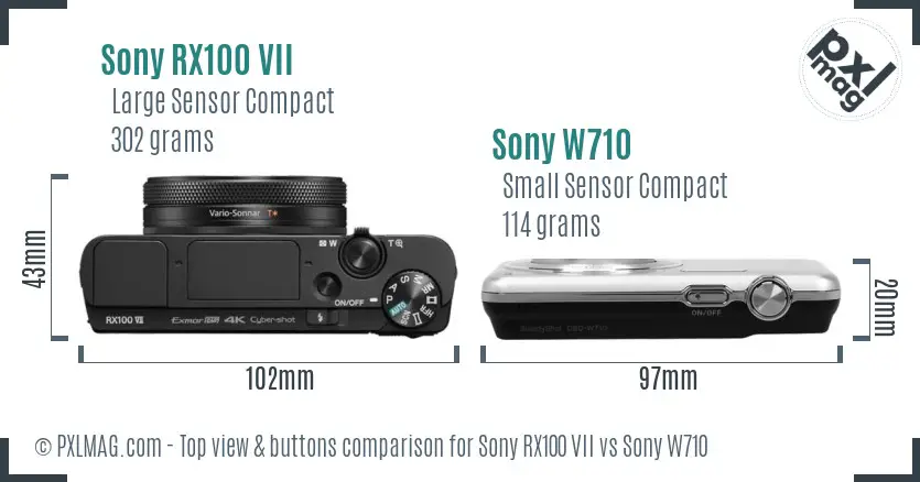Sony RX100 VII vs Sony W710 top view buttons comparison