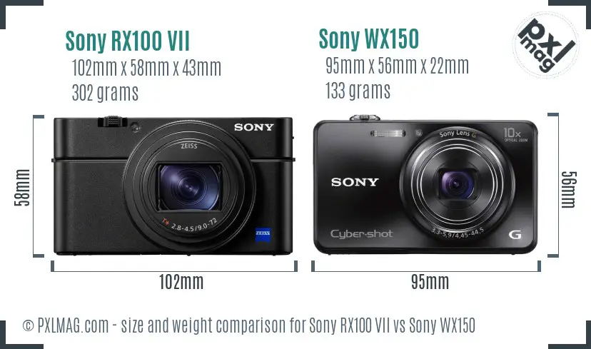 Sony RX100 VII vs Sony WX150 size comparison