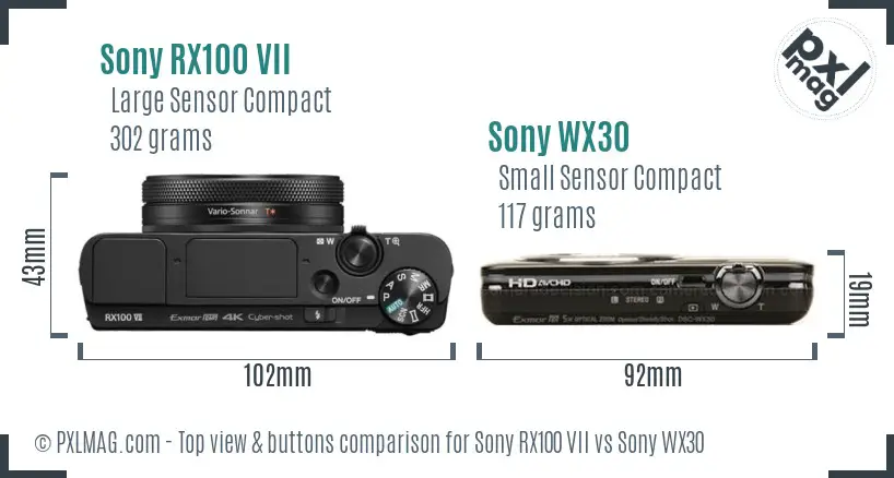 Sony RX100 VII vs Sony WX30 top view buttons comparison