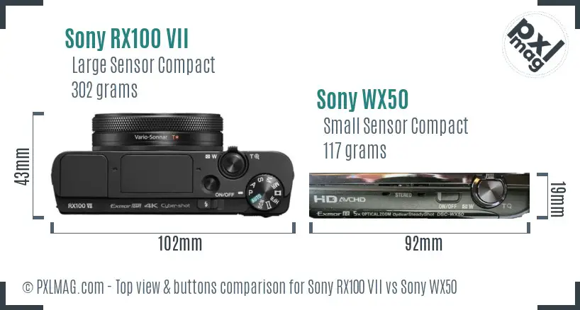 Sony RX100 VII vs Sony WX50 top view buttons comparison