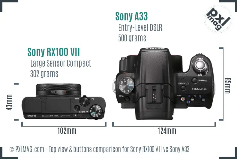 Sony RX100 VII vs Sony A33 top view buttons comparison