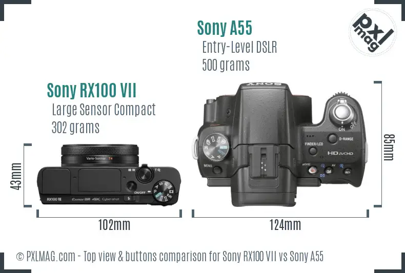 Sony RX100 VII vs Sony A55 top view buttons comparison