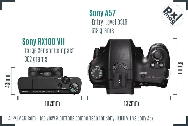 Sony RX100 VII vs Sony A57 top view buttons comparison