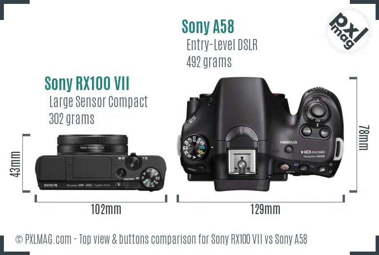Sony RX100 VII vs Sony A58 top view buttons comparison