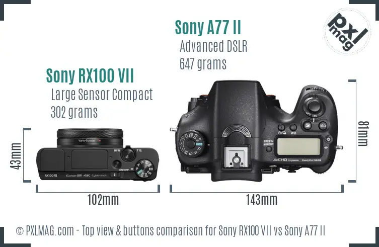 Sony RX100 VII vs Sony A77 II top view buttons comparison