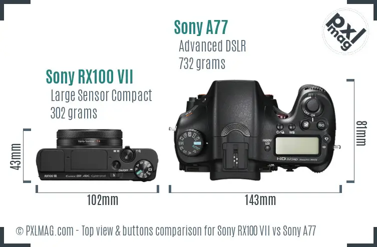 Sony RX100 VII vs Sony A77 top view buttons comparison