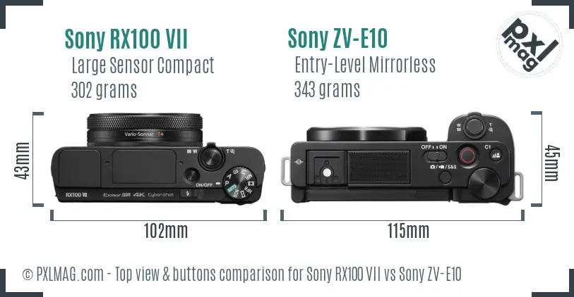 Sony RX100 VII vs Sony ZV-E10 top view buttons comparison Sony RX100 VII vs Sony ZV-E10 top view buttons comparison
