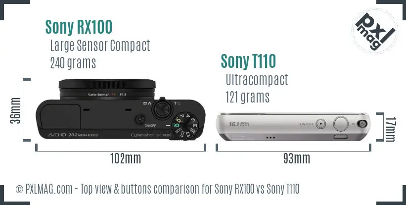 Sony RX100 vs Sony T110 top view buttons comparison
