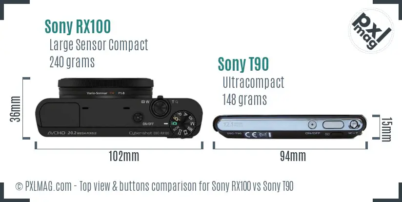 Sony RX100 vs Sony T90 top view buttons comparison