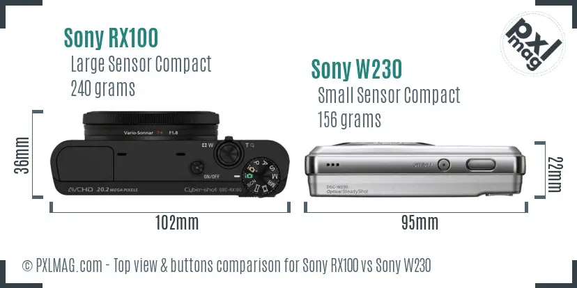 Sony RX100 vs Sony W230 top view buttons comparison