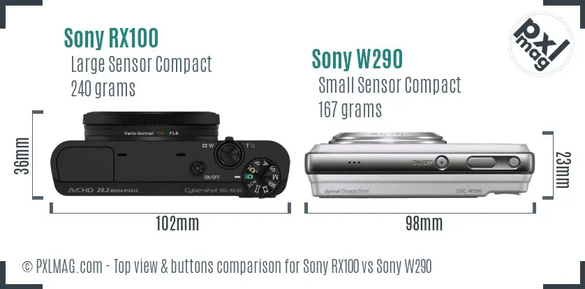 Sony RX100 vs Sony W290 top view buttons comparison
