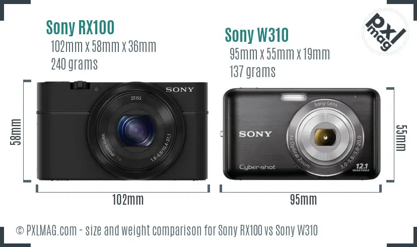 Sony RX100 vs Sony W310 size comparison