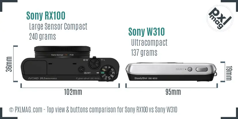 Sony RX100 vs Sony W310 top view buttons comparison