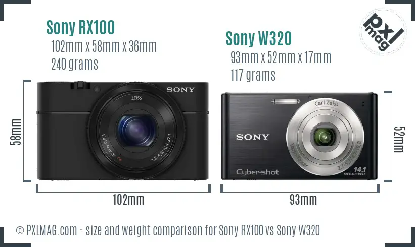Sony RX100 vs Sony W320 size comparison