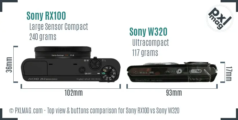Sony RX100 vs Sony W320 top view buttons comparison