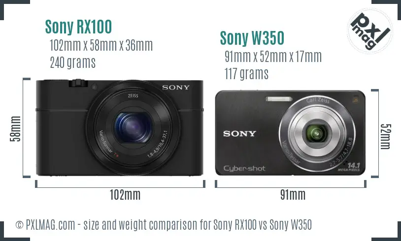 Sony RX100 vs Sony W350 size comparison