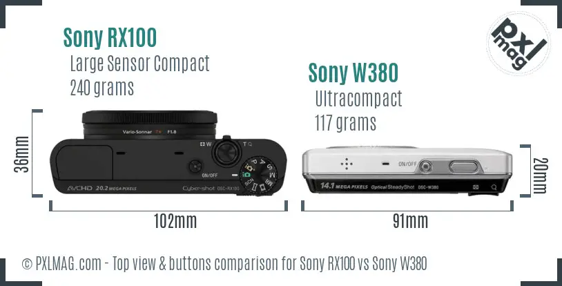 Sony RX100 vs Sony W380 top view buttons comparison