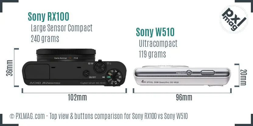 Sony RX100 vs Sony W510 top view buttons comparison