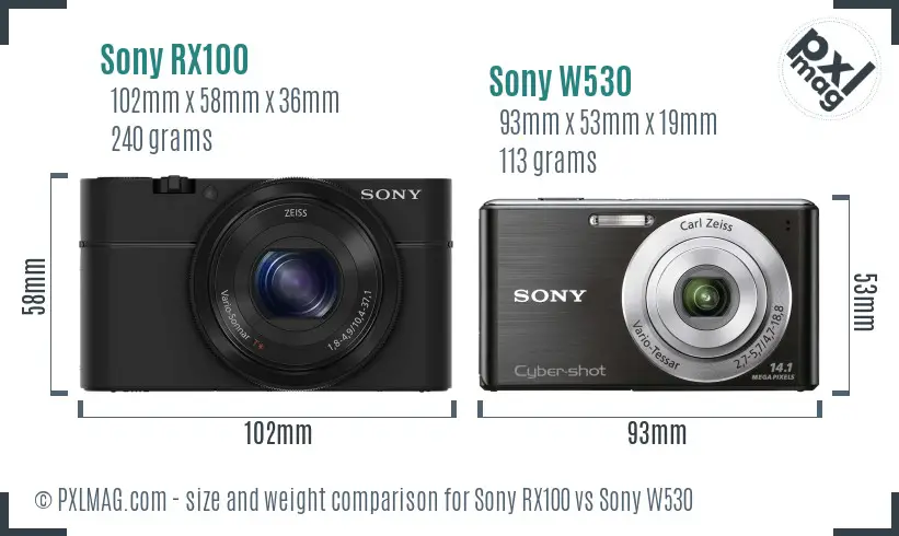 Sony RX100 vs Sony W530 size comparison