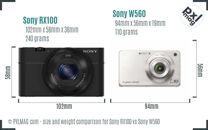 Sony RX100 vs Sony W560 size comparison