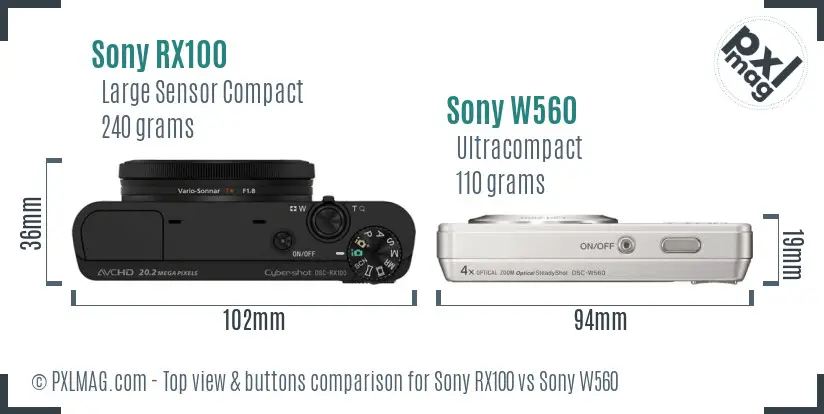Sony RX100 vs Sony W560 top view buttons comparison