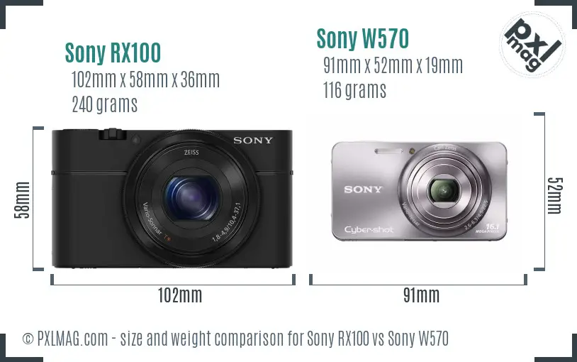 Sony RX100 vs Sony W570 size comparison