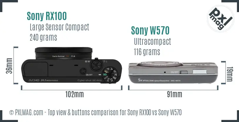 Sony RX100 vs Sony W570 top view buttons comparison