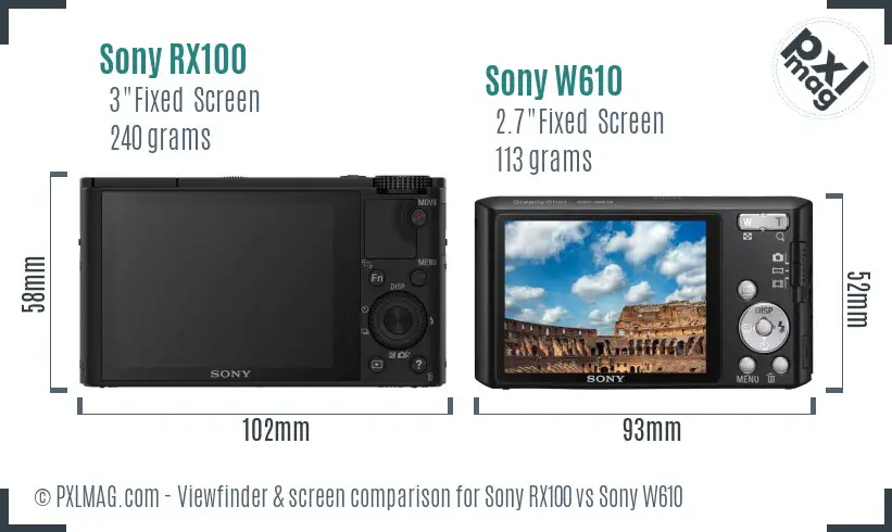 Sony RX100 vs Sony W610 Screen and Viewfinder comparison