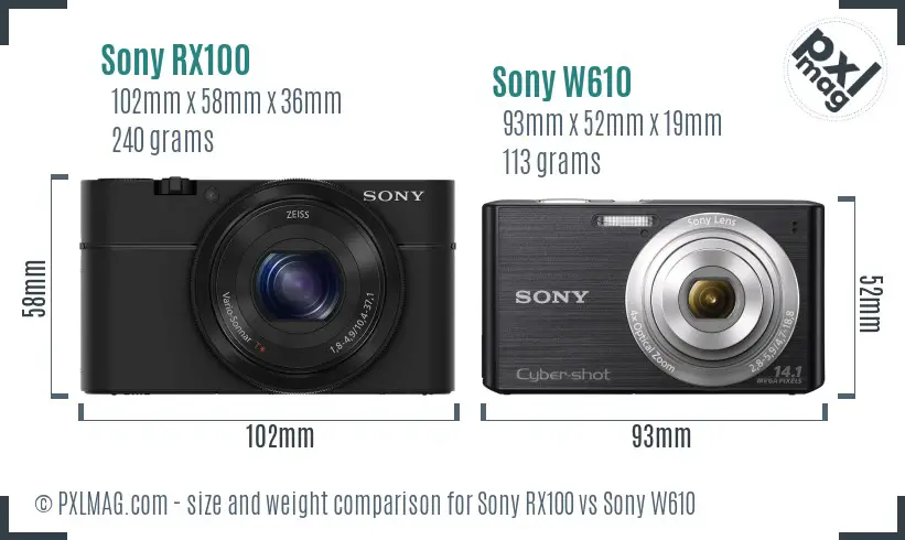 Sony RX100 vs Sony W610 size comparison