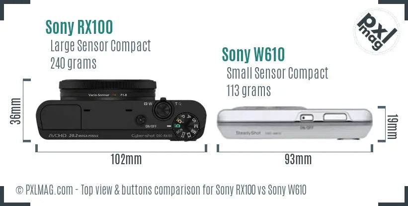 Sony RX100 vs Sony W610 top view buttons comparison