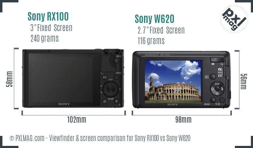 Sony RX100 vs Sony W620 Screen and Viewfinder comparison