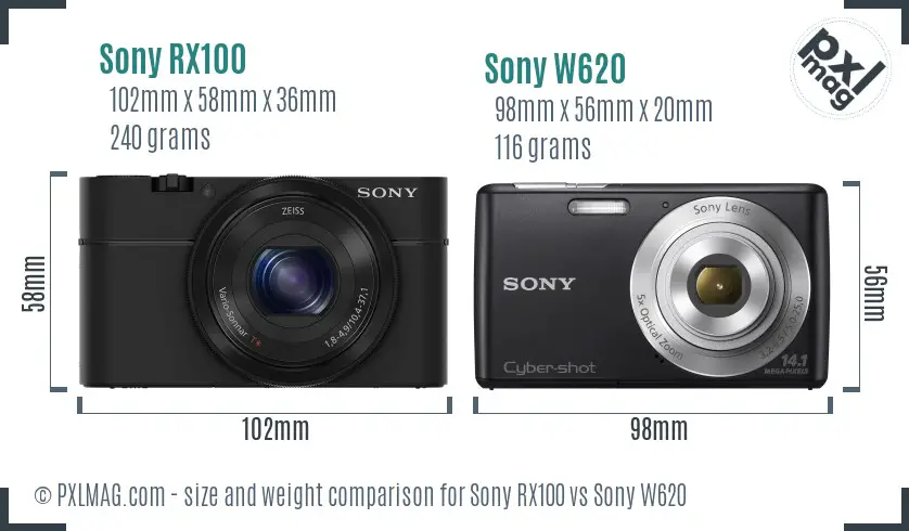 Sony RX100 vs Sony W620 size comparison