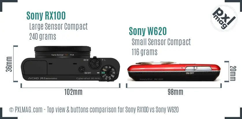 Sony RX100 vs Sony W620 top view buttons comparison