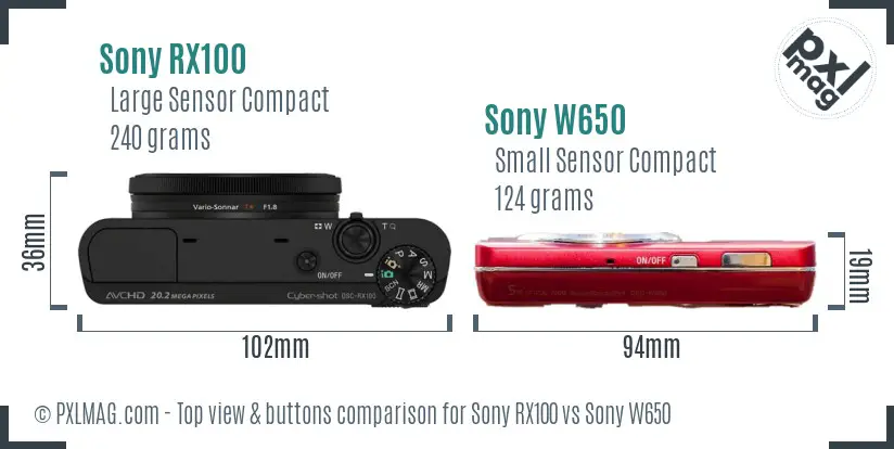 Sony RX100 vs Sony W650 top view buttons comparison